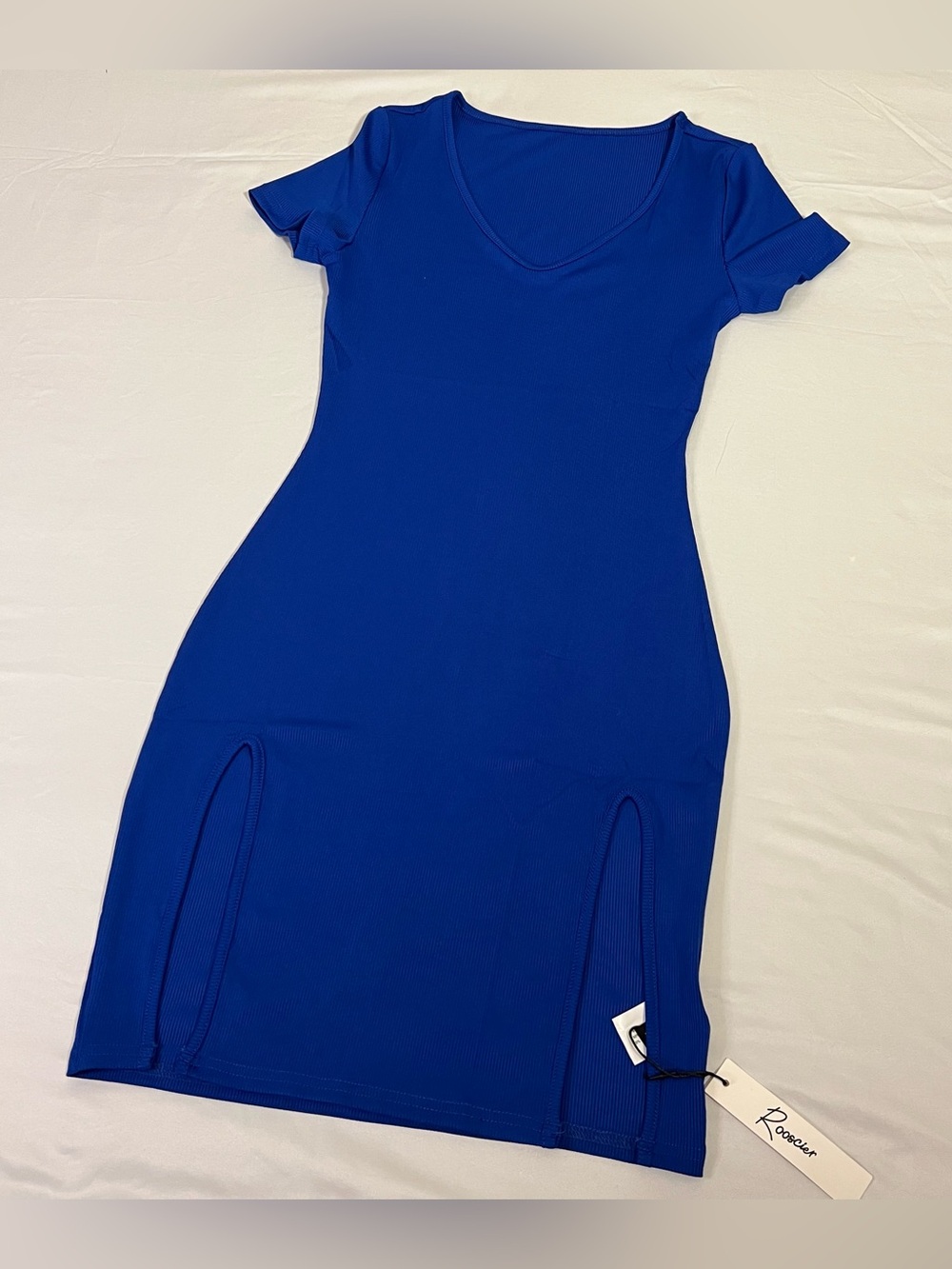 Rooscier Women’s XS Royal Blue Ribbed Bodycon Midi Dress V Neck Side Slits NWT